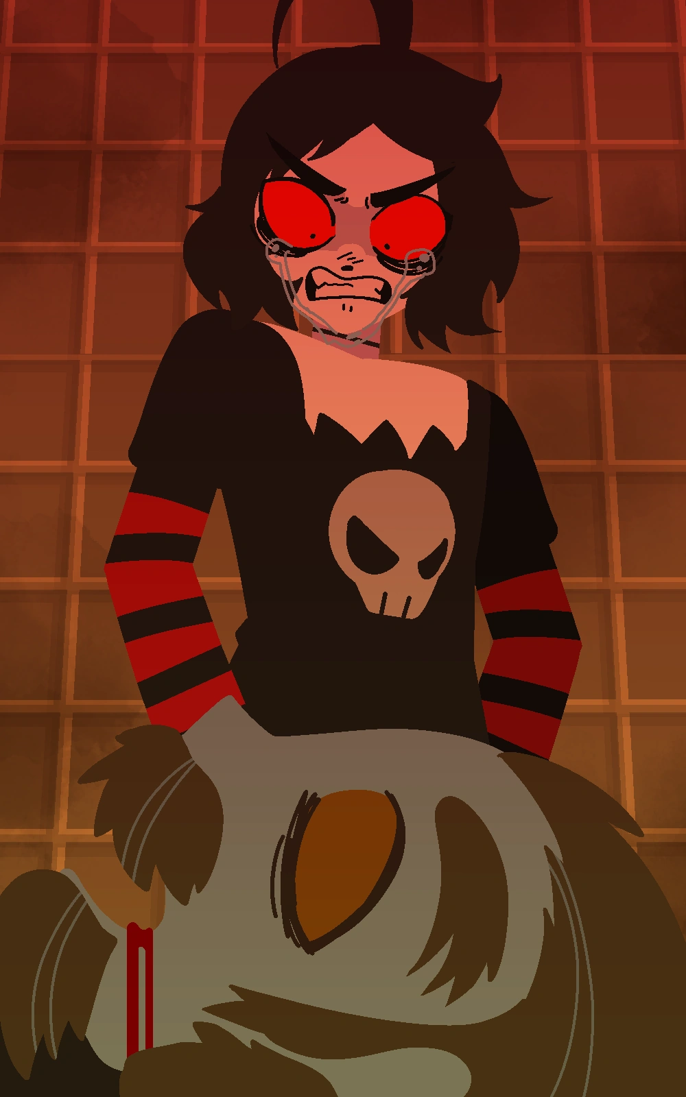 Crowven crying in frustration; standing over the body of a man he murdered.