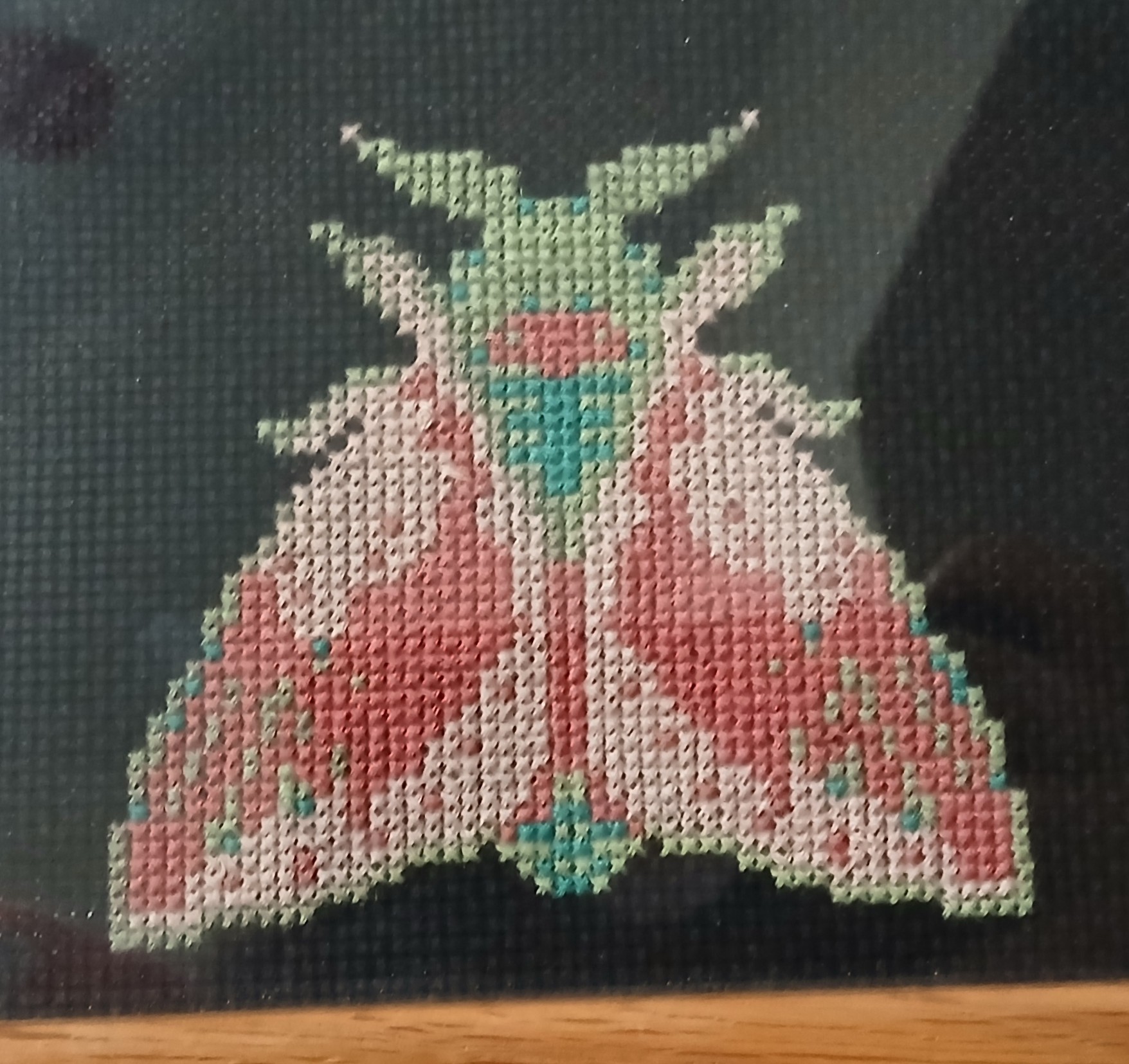 A cross stitch of a moth