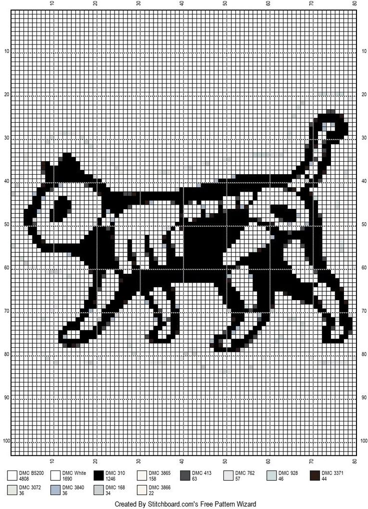 A cross stitch pattern of a cat skeleton